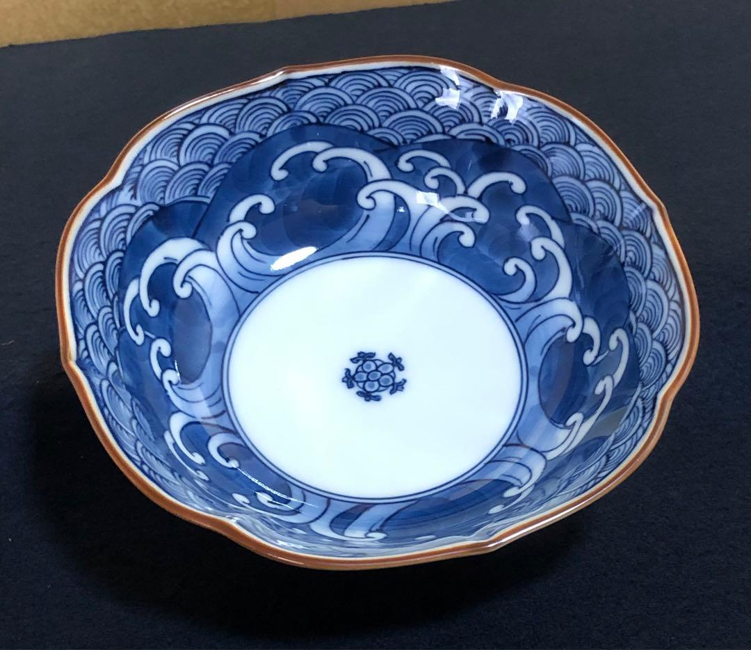 《レ》有田焼 源右衛門作 輪花 染付四海波 小鉢5客 共箱　251201お2