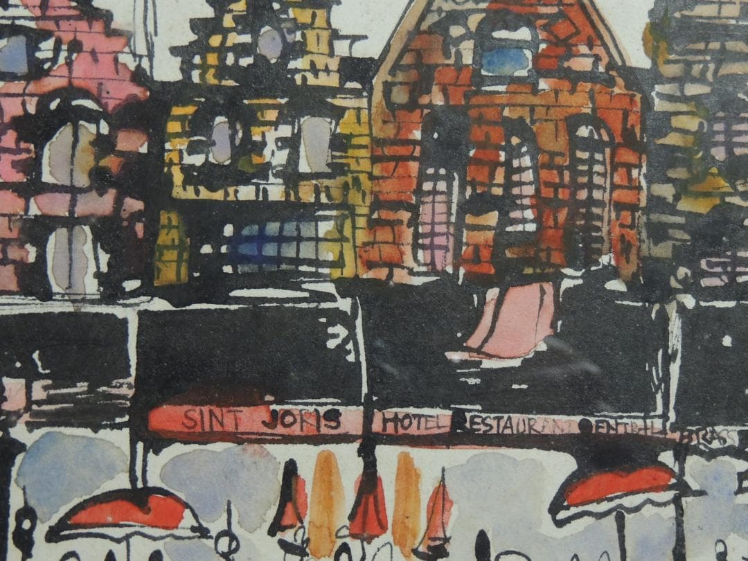 【模写】色紙額「オランダの街並み？」吉本暢子＞福岡、グラフィックデザイン