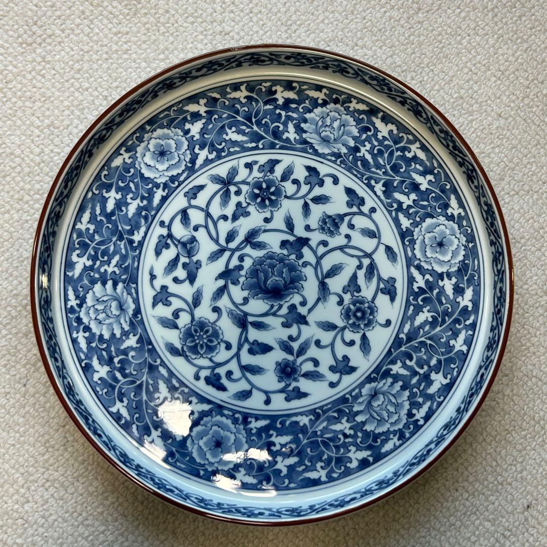 橘吉 たち吉 青花唐草 牡丹 大皿 中深皿 盛皿 陶磁器 直径29.5