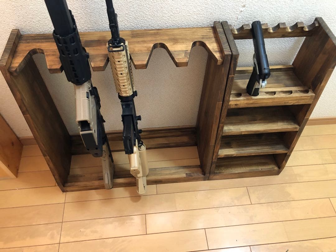 ガンラック　ハンドガン・ライフル銃用収納　木製ライフルスタンド2点セット WOODWORKS ガンラック 1丁掛 + マガジンラック お得な2点セット 木製