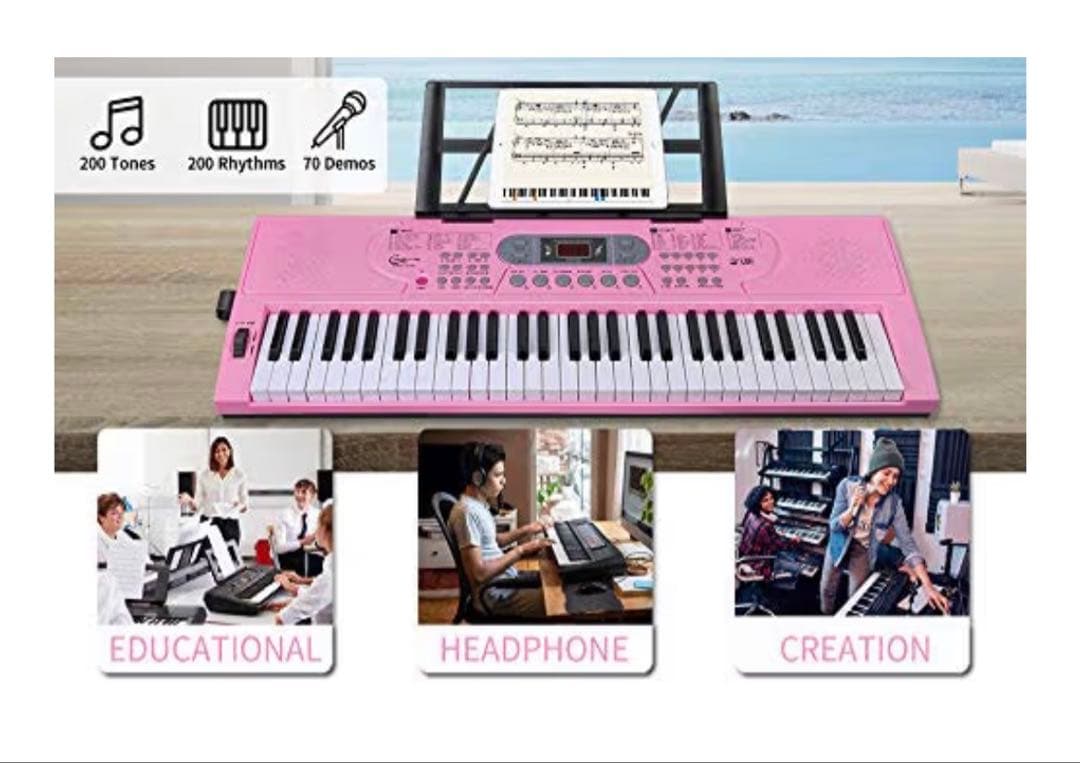 電子ピアノ ピンク 初心者向け USB充電＆電池給電式