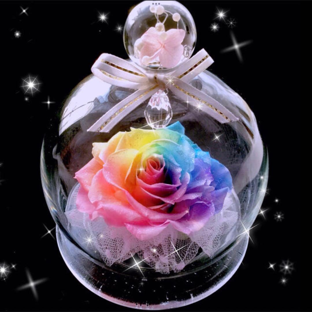 レインボーローズ・プリザーブドフラワー・虹色薔薇・真珠の涙ガラス