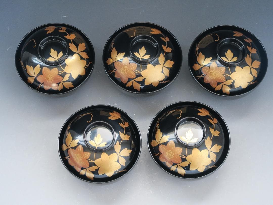 輪島塗】鉄仙蒔絵 吸物椀 黒塗 五客揃 天然木 共箱 - メルカリ