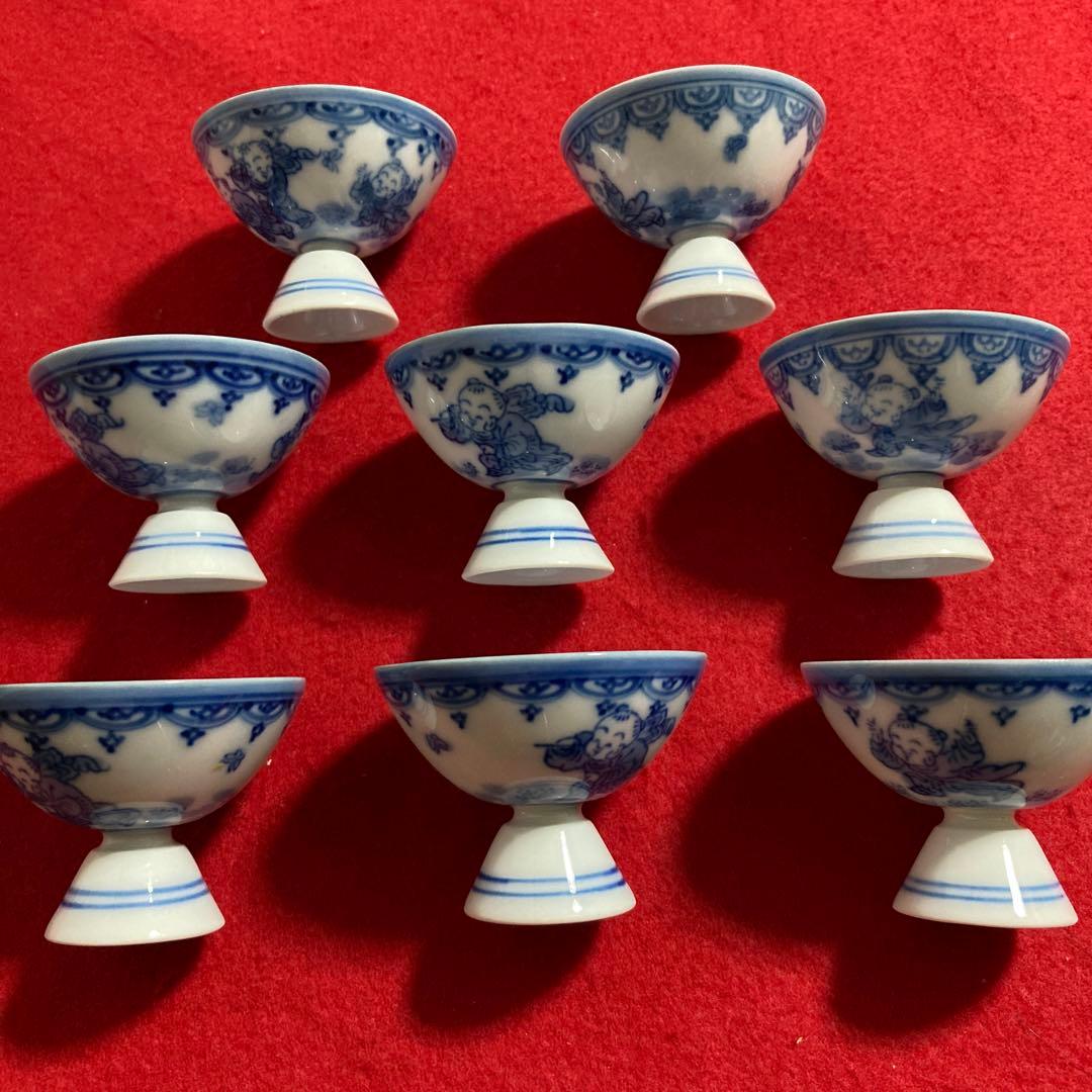 長崎 平戸三川内焼 平戸松山作 染付唐子絵図猪口 7客セット（1客破損