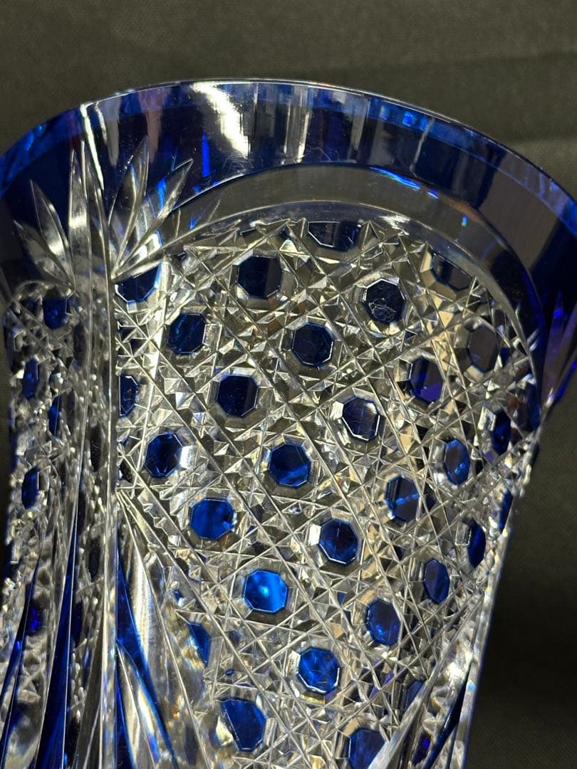 【使用美品】江戸切子　切子　花器　花瓶　壺　泰典　青　ブルー　20.5cm