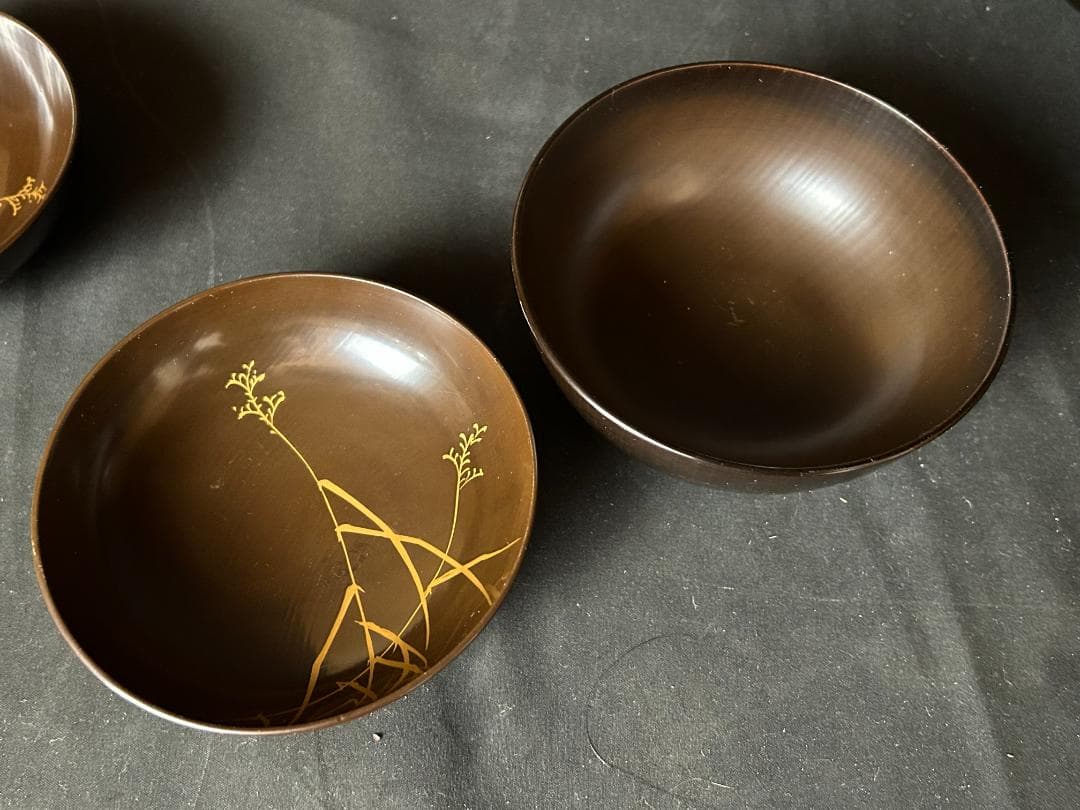 時代 輪島塗 本金蒔絵 絵替り 黒塗 天然木 吸物椀 9客 茶懐石道具980