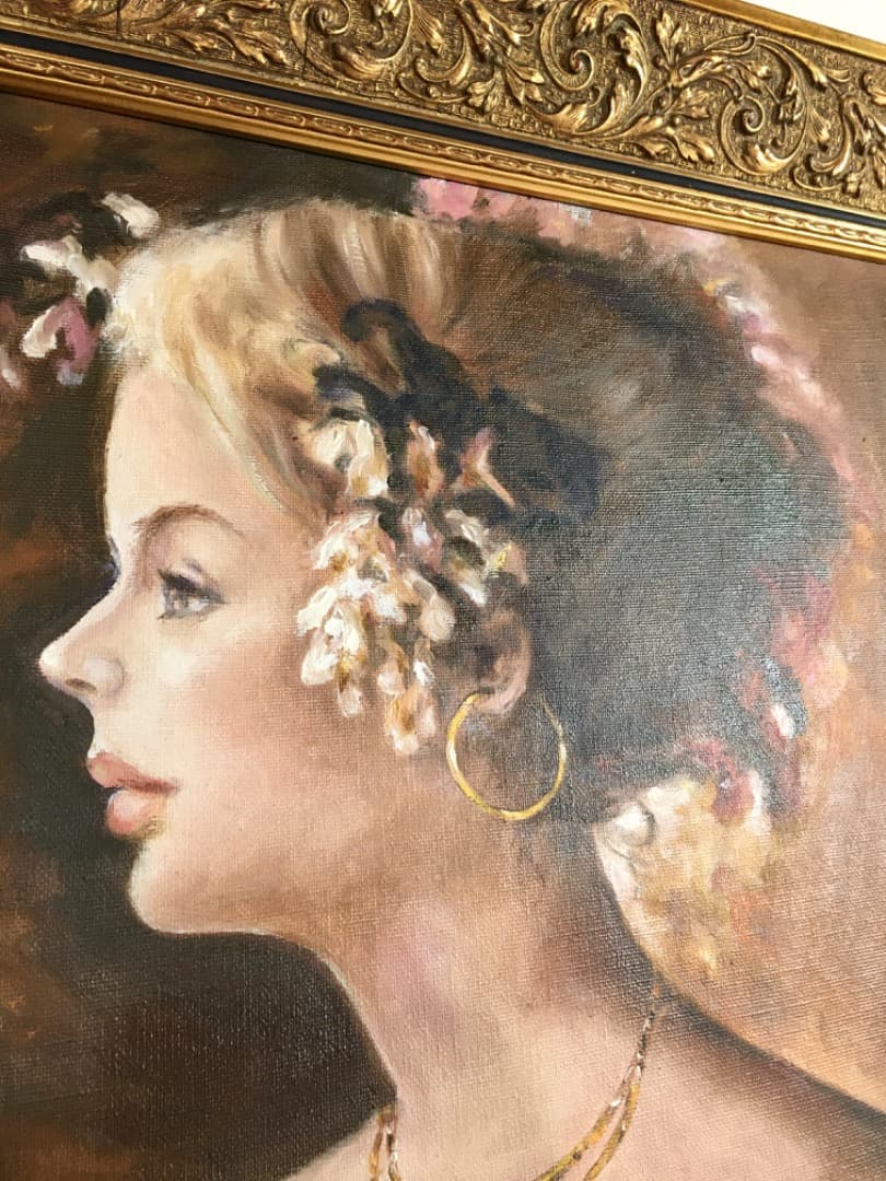 ○【五月みどり】美品 五月みどり 油彩 直筆サイン 歌手 女優 額縦約60cm