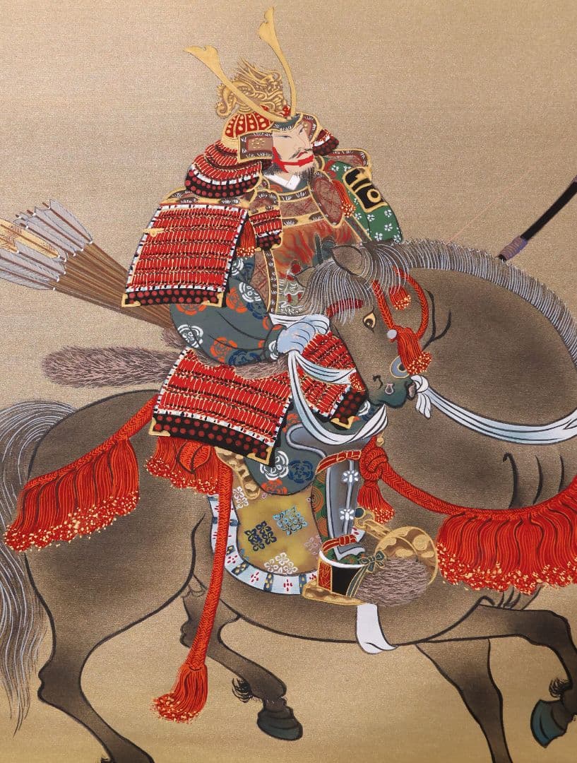 【真作】日本画 国井幸雪 武者図 絹本 掛軸 富士 金泥 國井幸雪 MB118