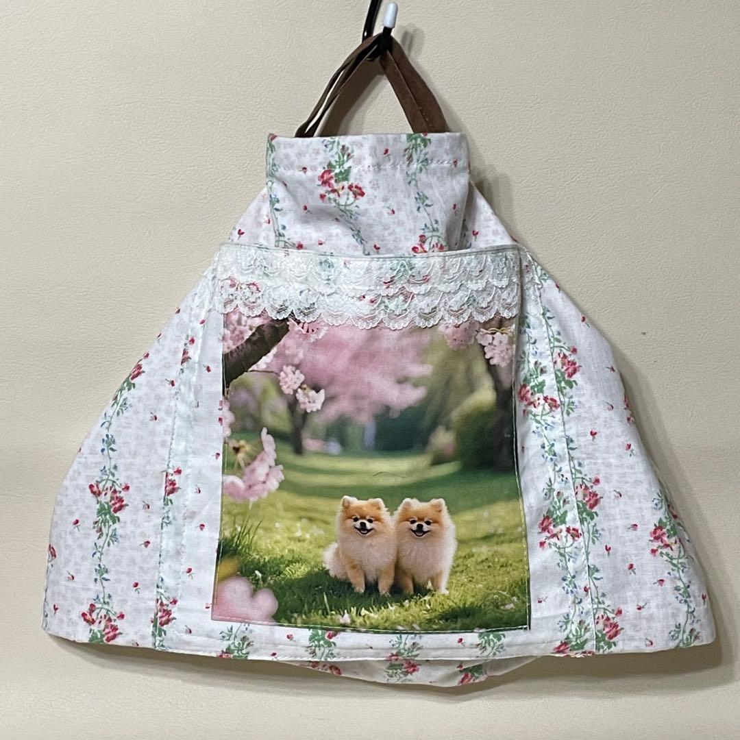 桜の散歩道ポメラニアン♡レースが彩る清楚なお花のコンビニエコバッグ
