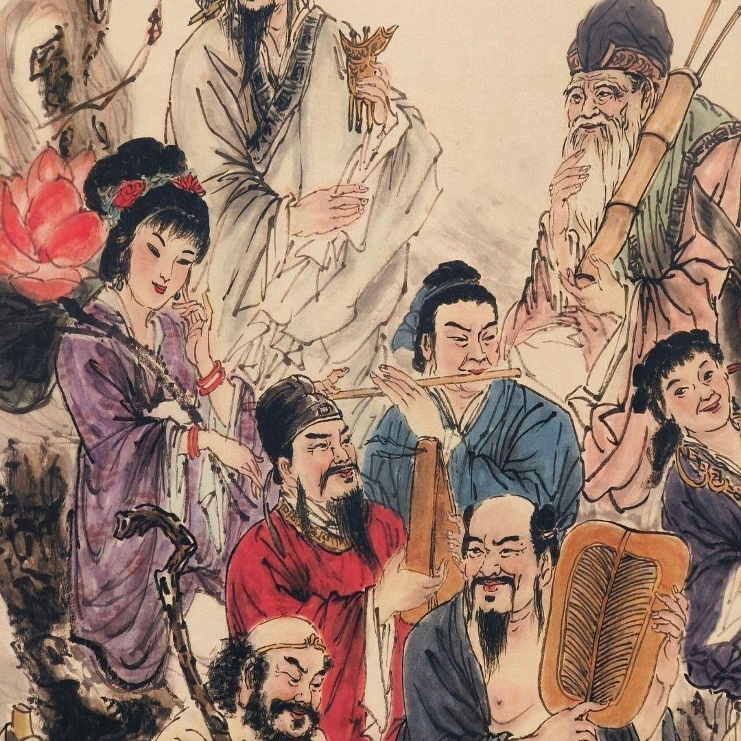 范曾《八仙過海》　中堂掛軸　中国名人書画　人物画　絹本 壁掛け装飾