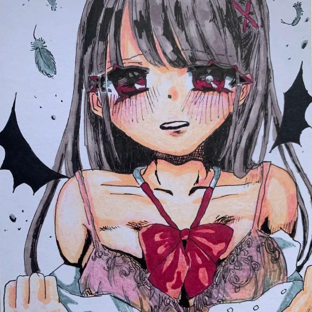 一点もの】中色紙 オリジナルイラスト 手描き 悪魔風 美少女 原画