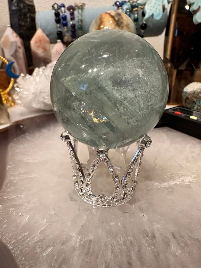 グリーンフローライトスフィア虹♡透明度♡台座セット♡♡ グリーン フローライト AAAAA 丸玉 直径 約51mm 虹入り レインボー