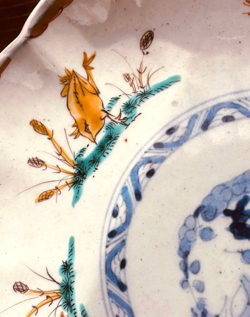 骨董皿 希少 カエル文 火焔文 金彩赤絵皿 輪花皿 かえる文 金カエル