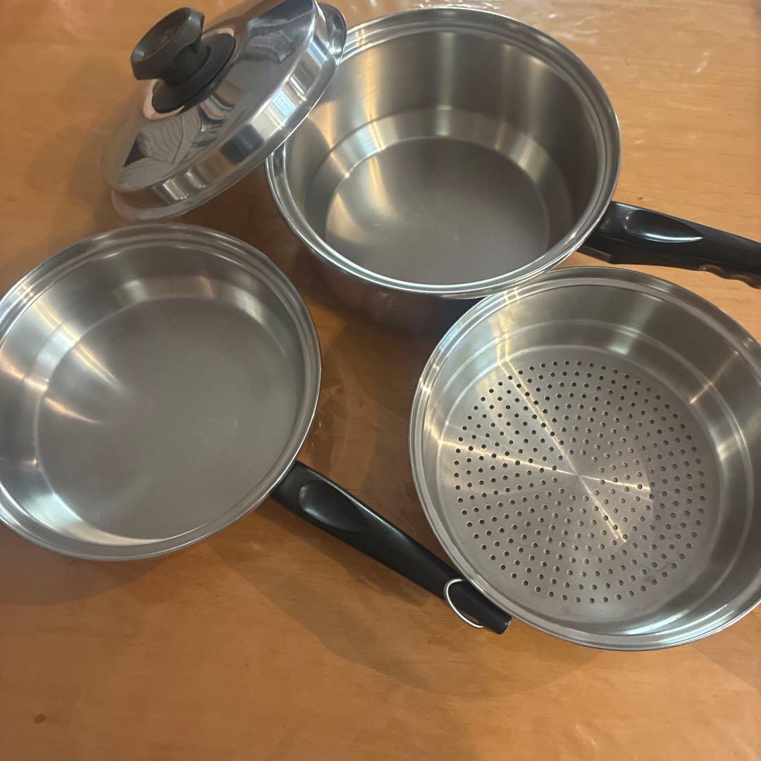 ラスタークラフト３コートソースパン小フライパンスチーマーのセットガス専用数回使用 ラスタークラフト3コートソースパン小フライパンスチーマーのセット