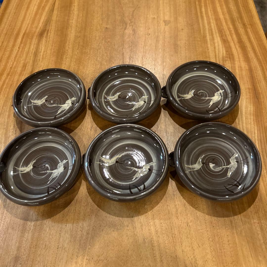 小田志焼　松保窯　久保正敏　片口平鉢　現川鷺文　鶴　六枚　希少 向付（鉢） 現川鷺文 小田志焼 松保窯 久保正敏 木箱入 : 陶磁やない