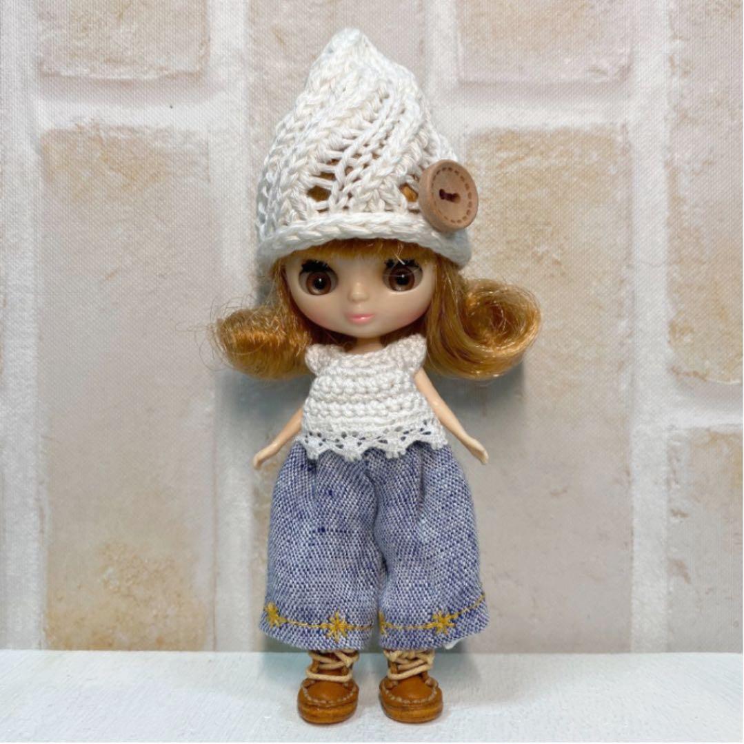 ♥︎プチブライス♥︎サマーニットとんがり帽子♪ウッドボタンタイプ ネコ耳ボーダーニット帽(ポンポン付き) | VOLCAN&APHRODITE