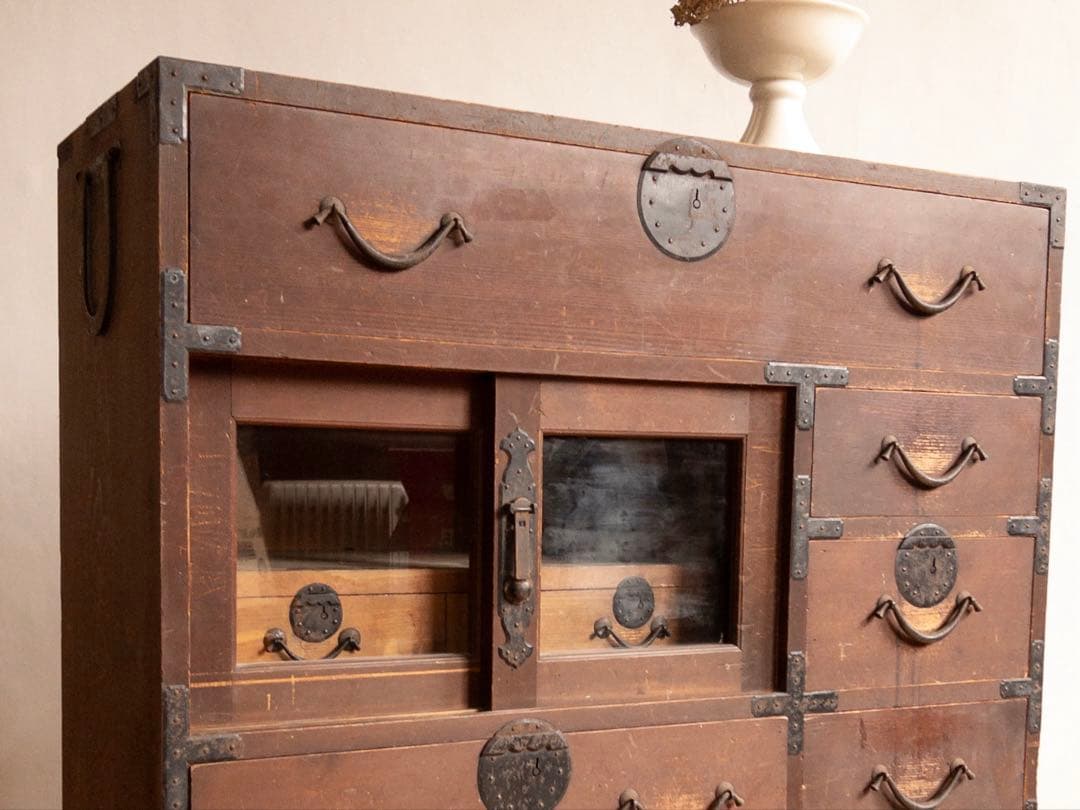 ガラス棚 和箪笥 M065 古道具 古家具 和家具 ビンテージ アンティーク