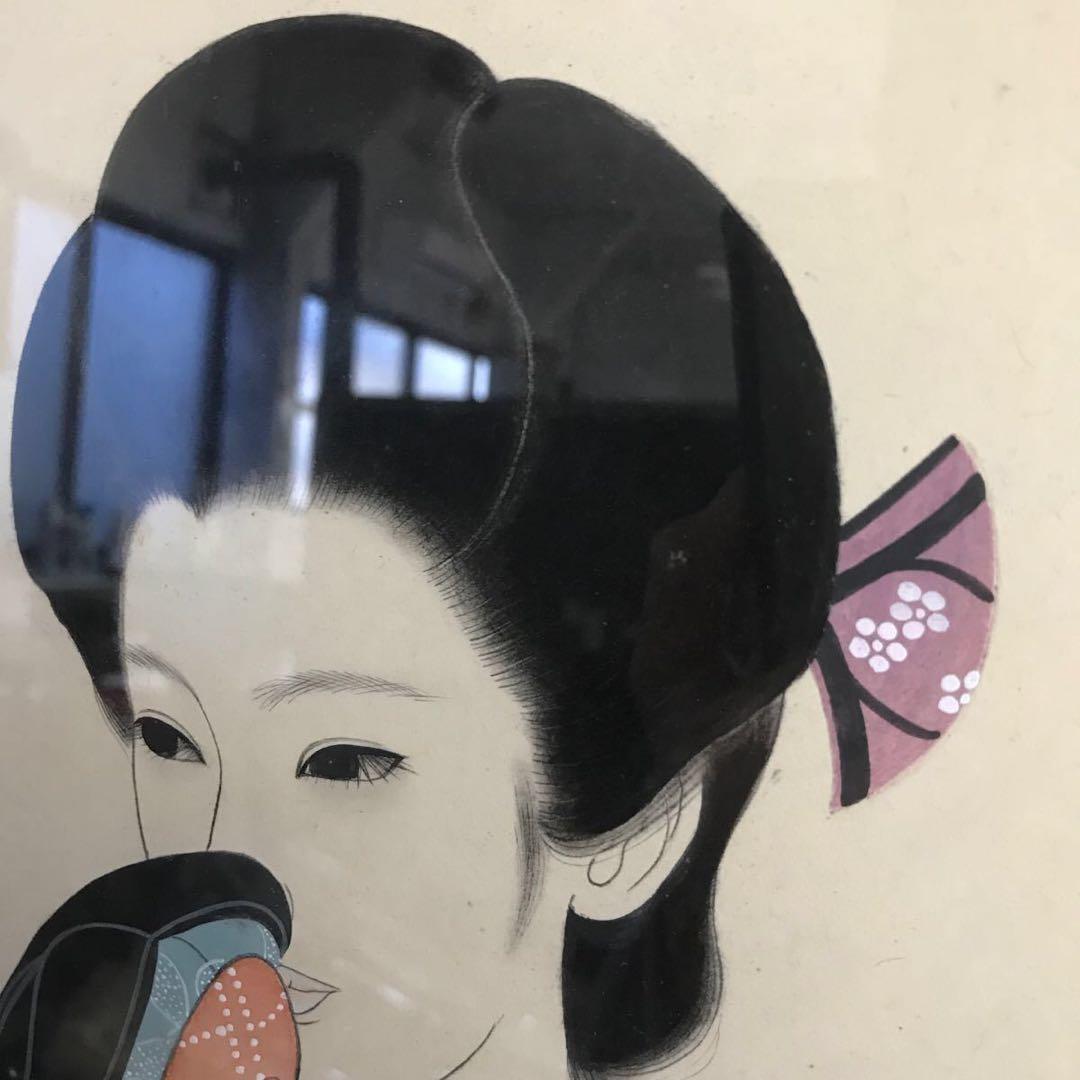 真作保証 直木孝太郎 素描 街灯と女性 F6号 美人画 ガラス 日本画