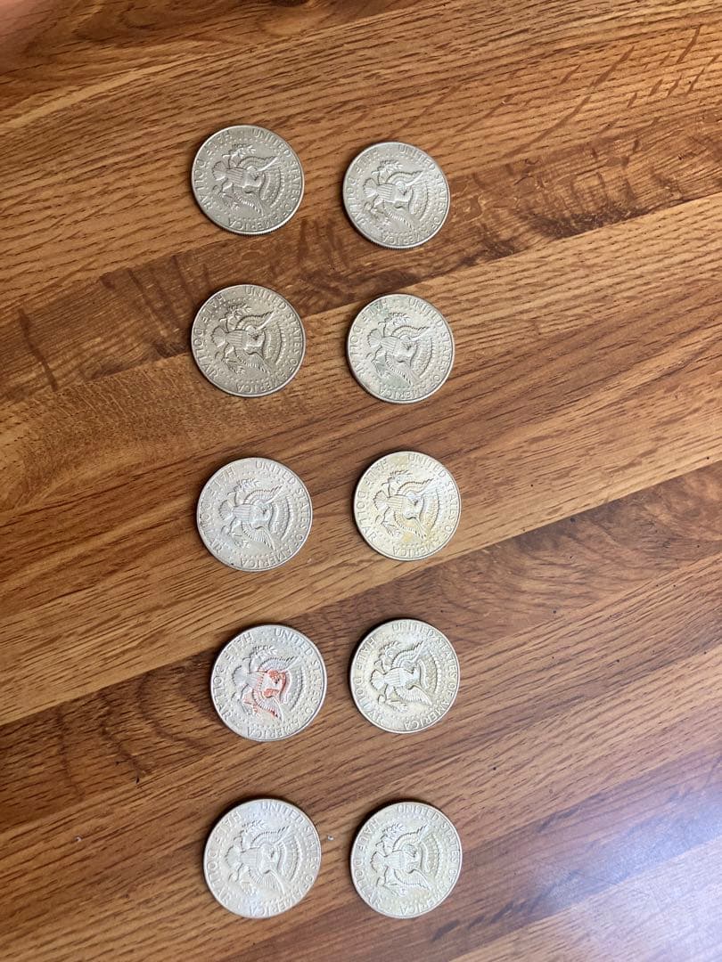 ケネディハーフダラー銀貨、1965年、66年、67年、68年、69年各2枚 USA 50セント銀貨/ケネディ大統領 1966年銘 ハーフダラー 極美品