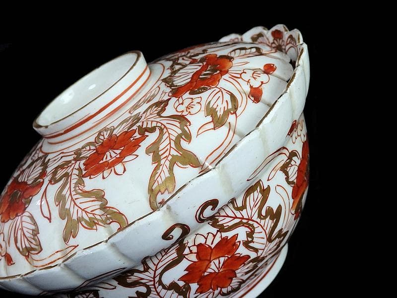 古伊万里 金襴手 輪花 花に柘榴の図 蓋付き深鉢 菓子鉢 E866AS-COk