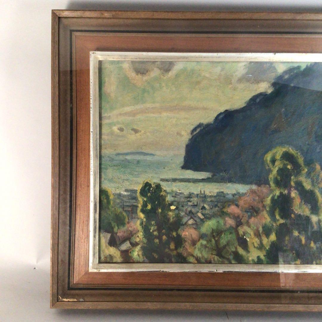 No3710額装　笹鹿彪　「熱海の朝」　油彩画10号　直筆サイン　絵画　送料無料