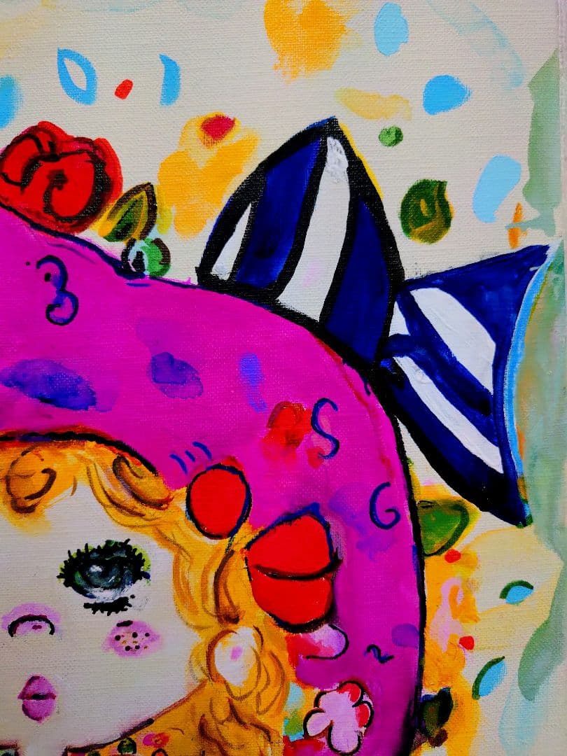 F6号】水森亜土 手描き作品/表裏サイン・裏描き有/油彩/アクリル/額縁