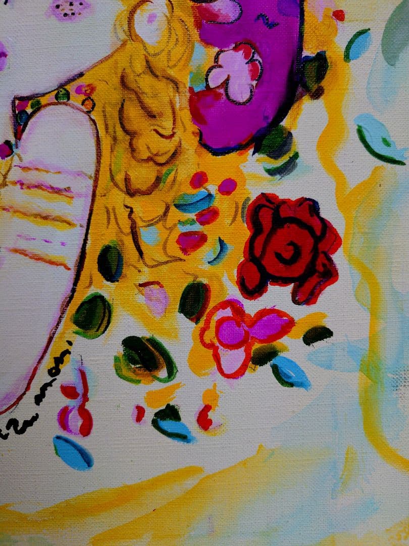 F6号】水森亜土 手描き作品/表裏サイン・裏描き有/油彩/アクリル/額縁