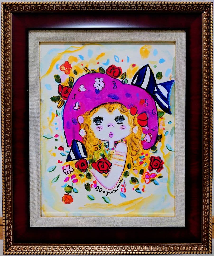 F6号】水森亜土 手描き作品/表裏サイン・裏描き有/油彩/アクリル/額縁