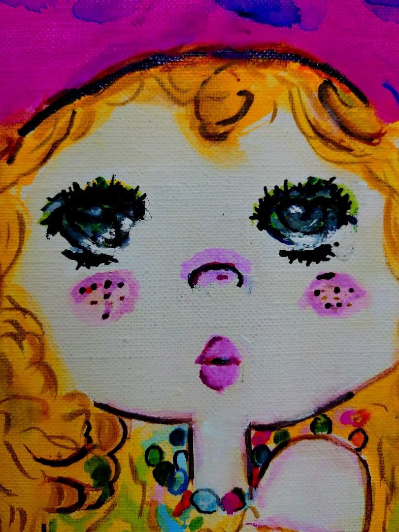 F6号】水森亜土 手描き作品/表裏サイン・裏描き有/油彩/アクリル/額縁