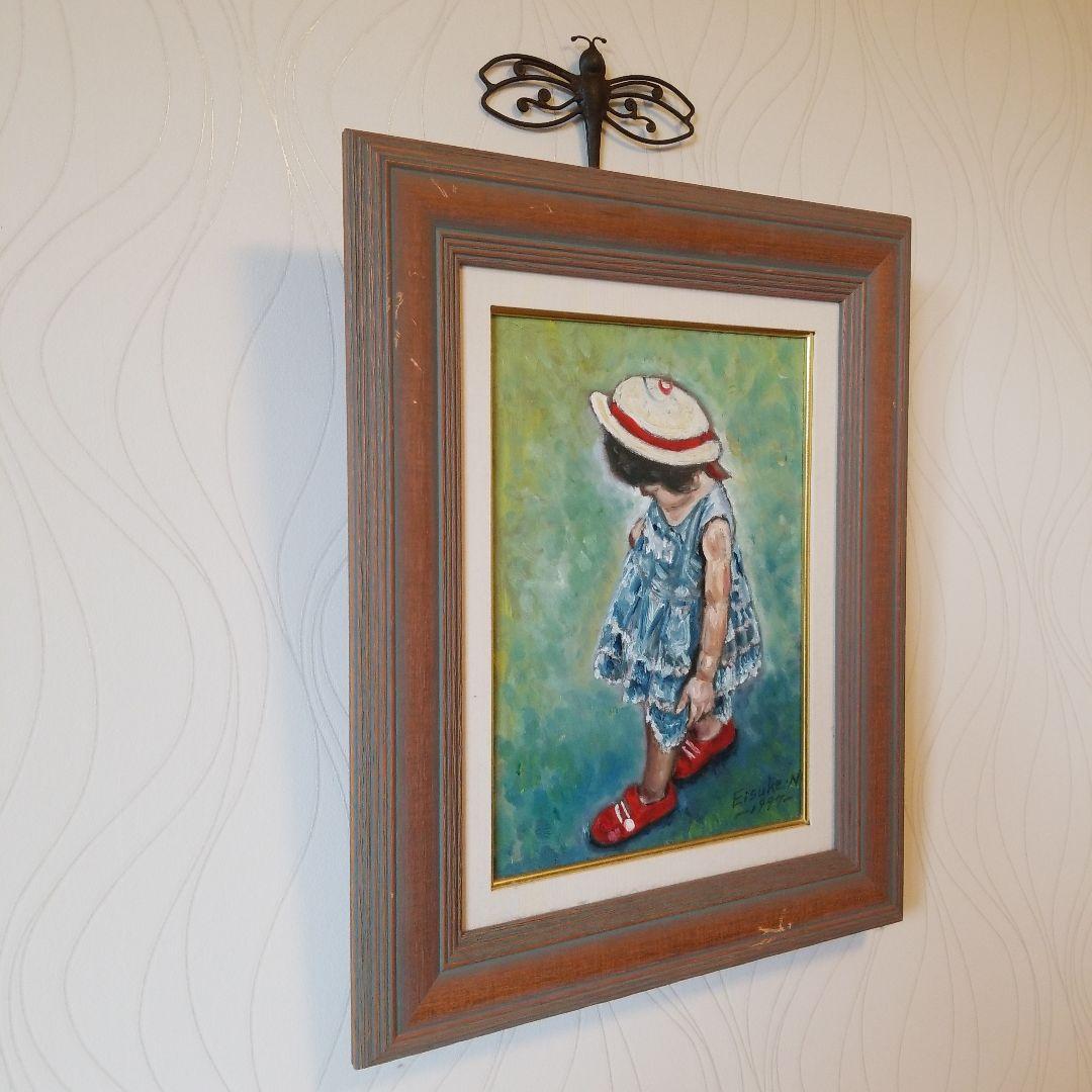 油絵　絵画　題名《　赤い靴　》F4 額付き 2000年