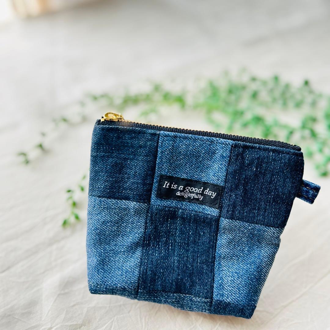 デニムリメイクポーチ/ファスナーポーチ/デニム/パッチワーク/化粧