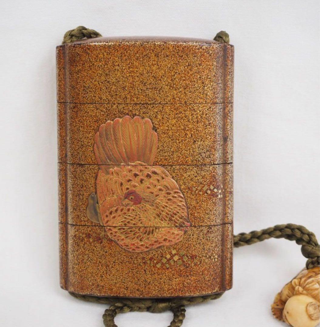 送料無料 江戸時代 極上品（在銘）本金梨子地螺鈿蒔絵 鶏図印籠 人物