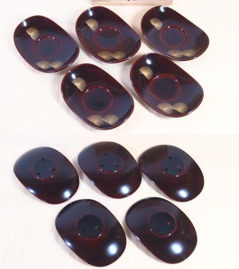 未使用】輪島塗 東恒博 溜塗 寿松沈金 おもてなし揃5客 卓上膳/銘々