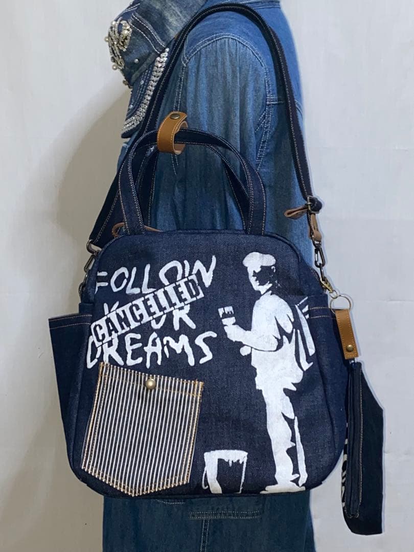 ☆岡山デニム☆ステンシル☆バンクシー4wayボストンバッグ - メルカリ
