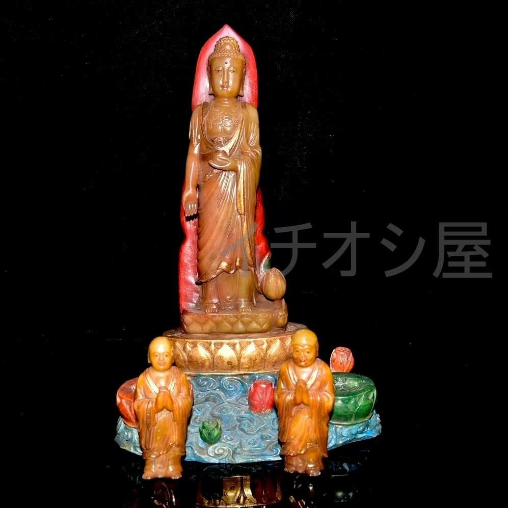 中国古美術 寿山田黄石彫 尚均銘《一佛兩弟子》印章 共箱 極細工 時代物 置物