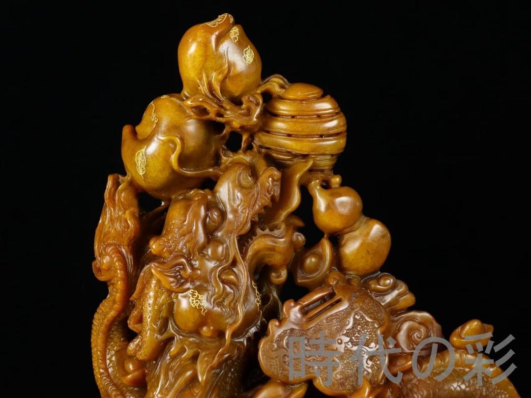 中国古美術【寿山石田黄石 金龍献宝】篆刻家 西鳳作款 旧蔵重器