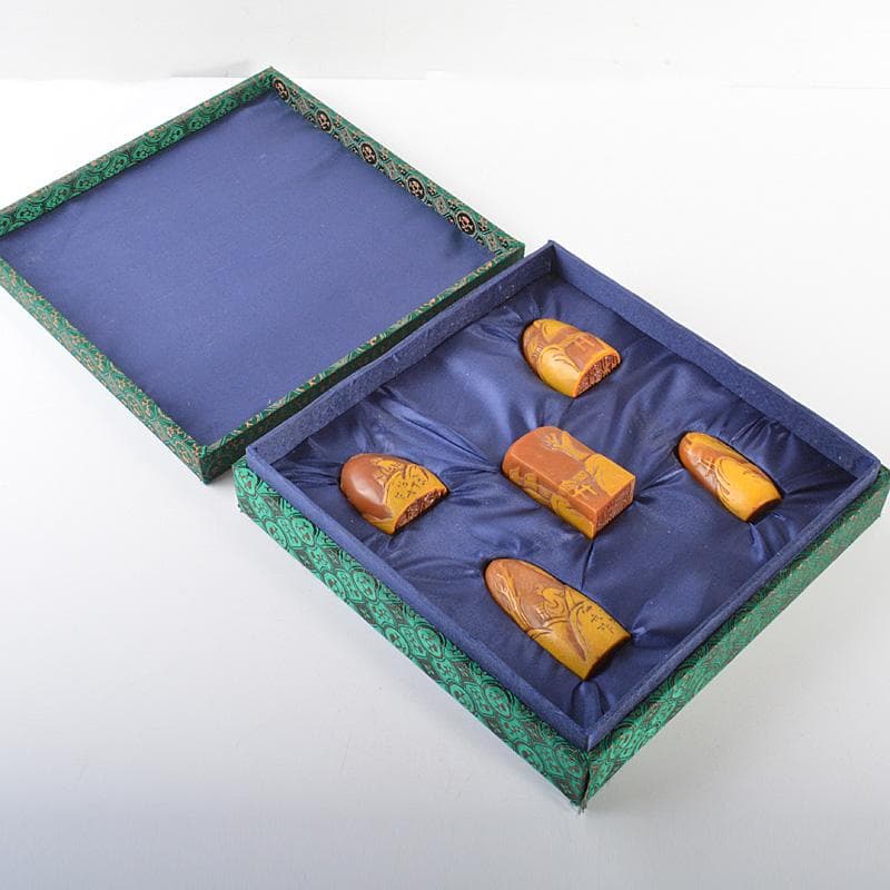 中国 篆刻 玉石寿山石彫刻 山水人物刻 印材 5点 箱付 V 6006