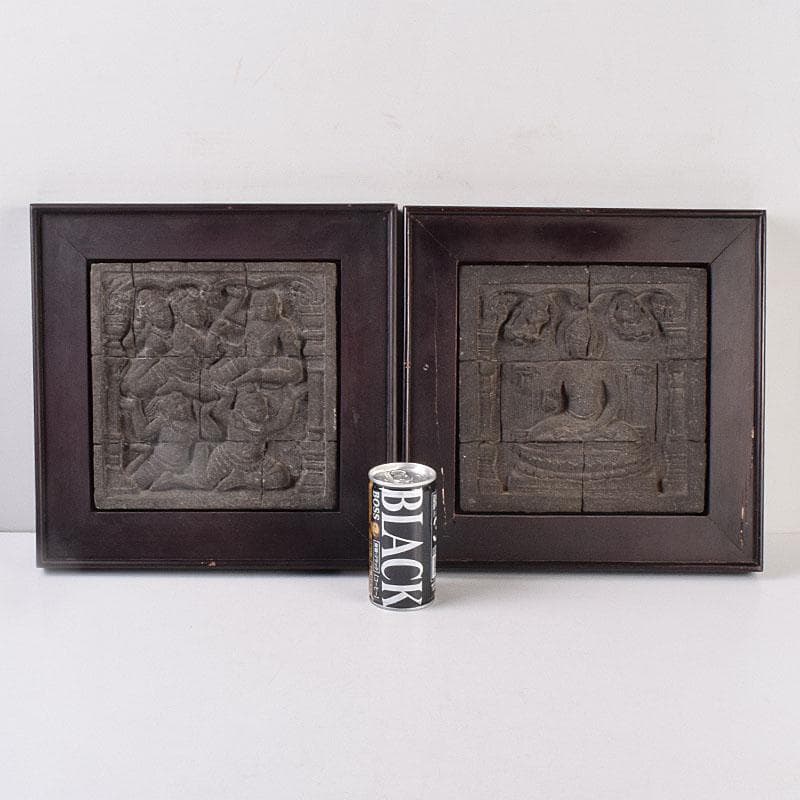 仏教美術　ボロブドゥール寺院　安山岩石粉　レプリカリリーフ　2点　V　R8999 R5-6 1-6 「インドネシア・ボロブドゥールのレリーフにおける仏教美術