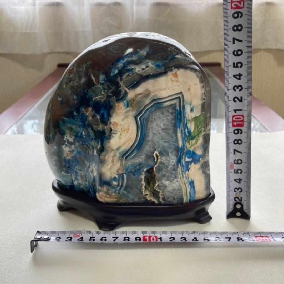 瑪瑙 メノウ 鑑賞石 飾り石 置物 オブジェ 木製 台座付き 青 ブルー