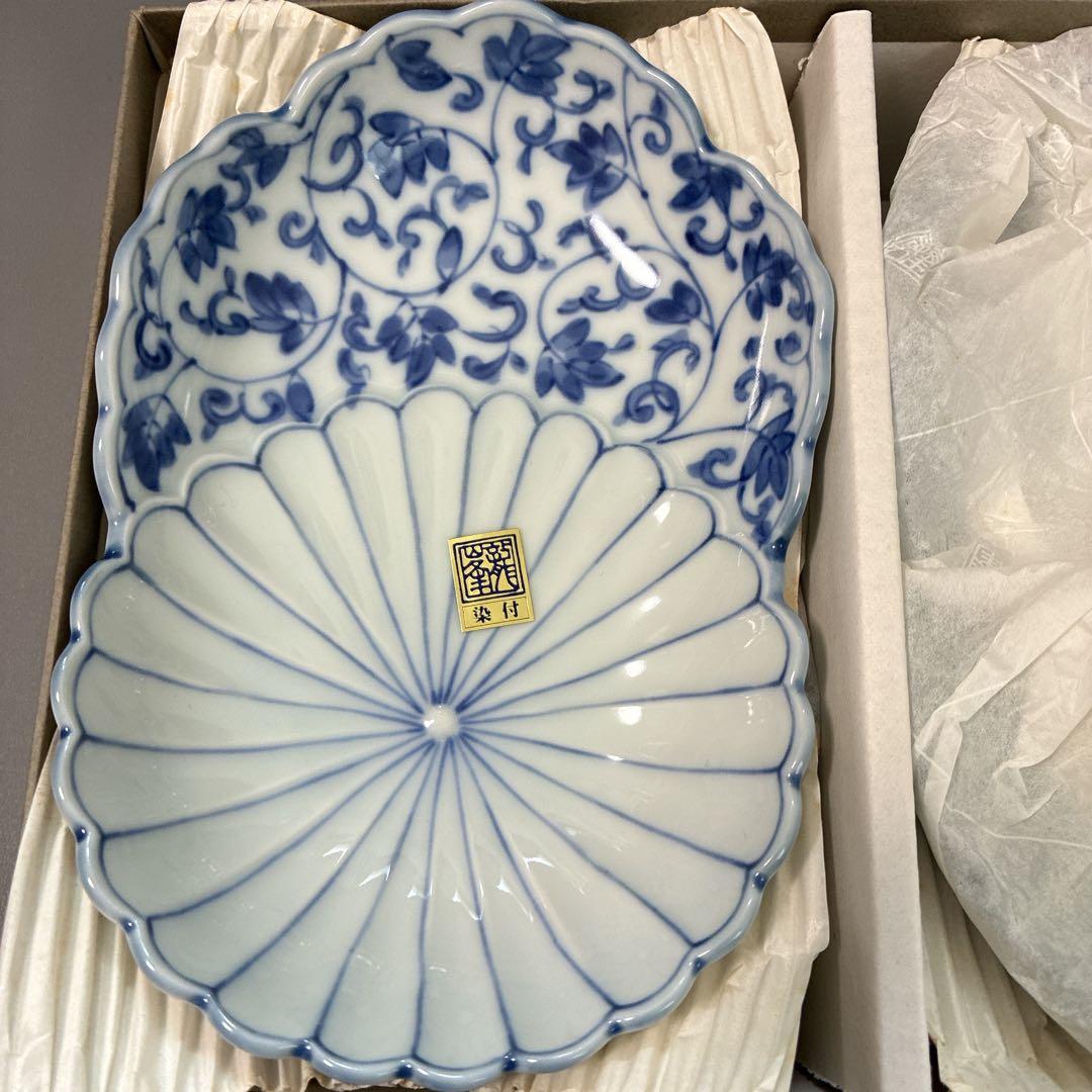 未使用品】美濃焼 花風流 三洋陶器 和食器 染付菊型 取鉢揃 5枚 箱付き