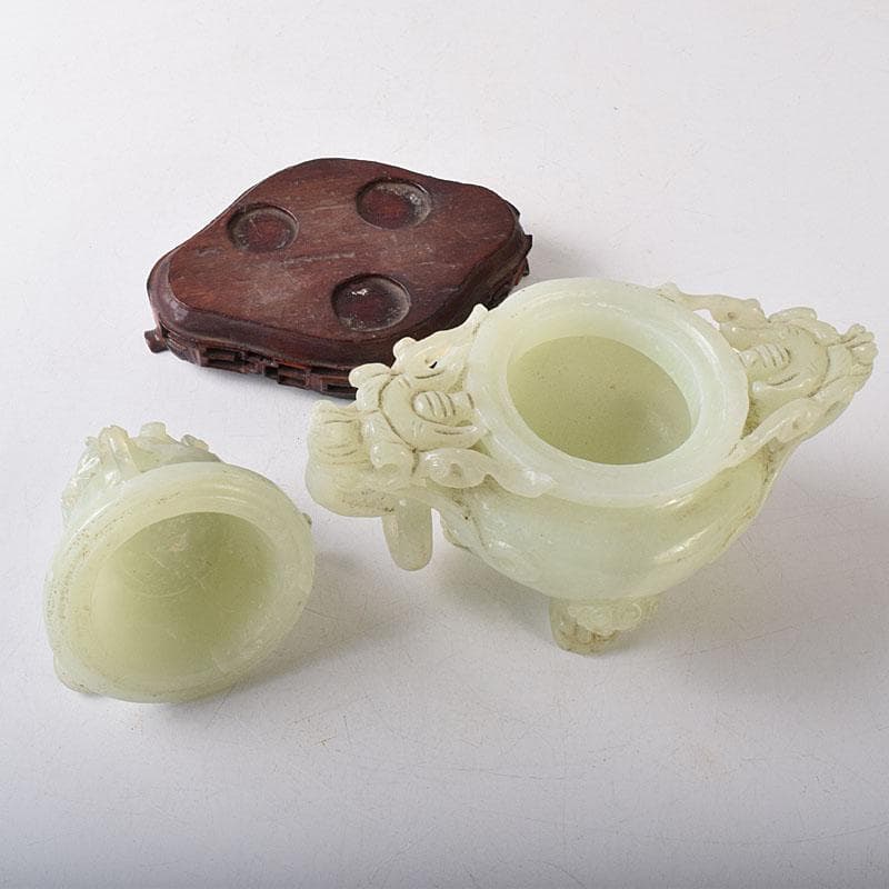 中国 玉石彫刻 雙耳活環 獅子鈕蓋爐 三足香炉 唐木台付 C 8256 - メルカリ