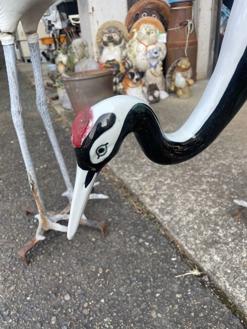 庭園置物 鶴 2羽 古美術 縁起物 陶器 骨董 日本庭 オブジェ 高さ109cm