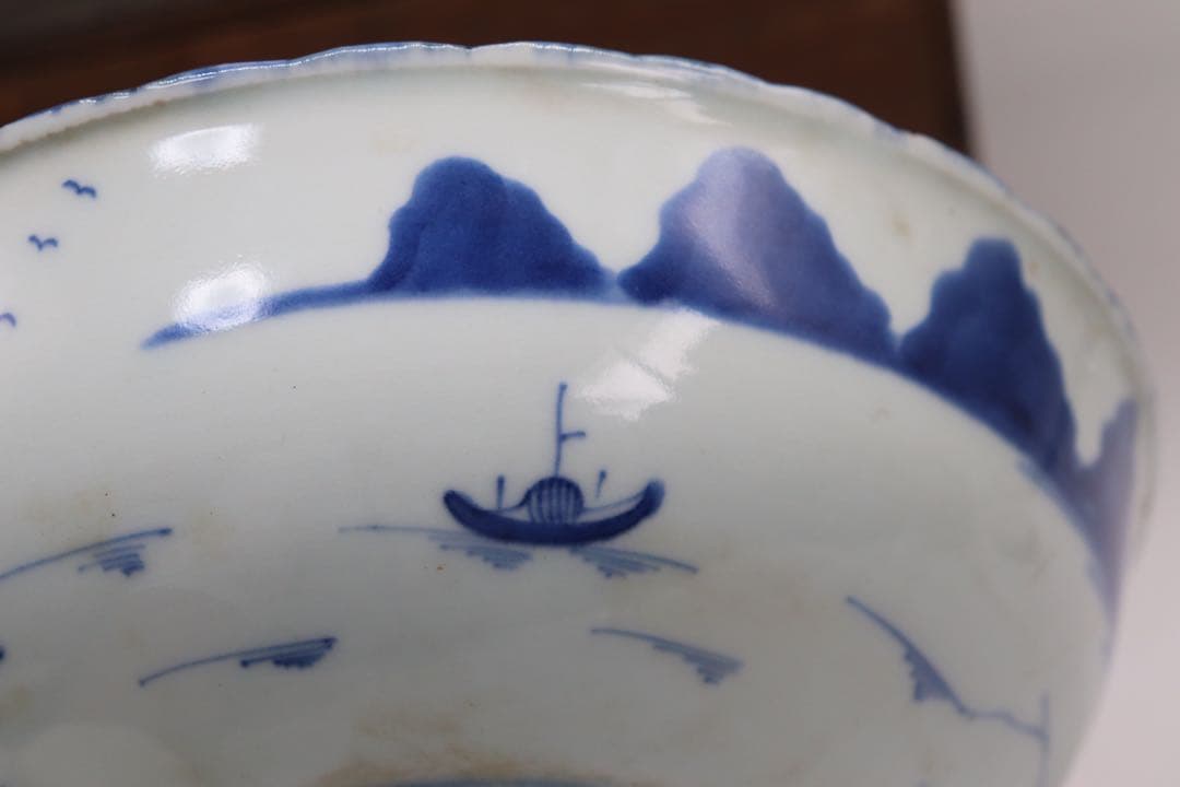 中国 清朝期 大清乾隆年製 染付内鶴紋&外山水紋お碗 共箱 送料込み0805