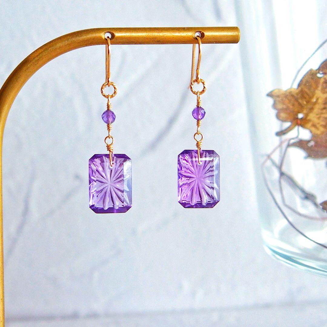 宝石質✨アメジスト　バックカービング　ピアス　14kgf 14kgf 小粒 アメジスト ピアス | iichi 日々の暮らしを心地よくする