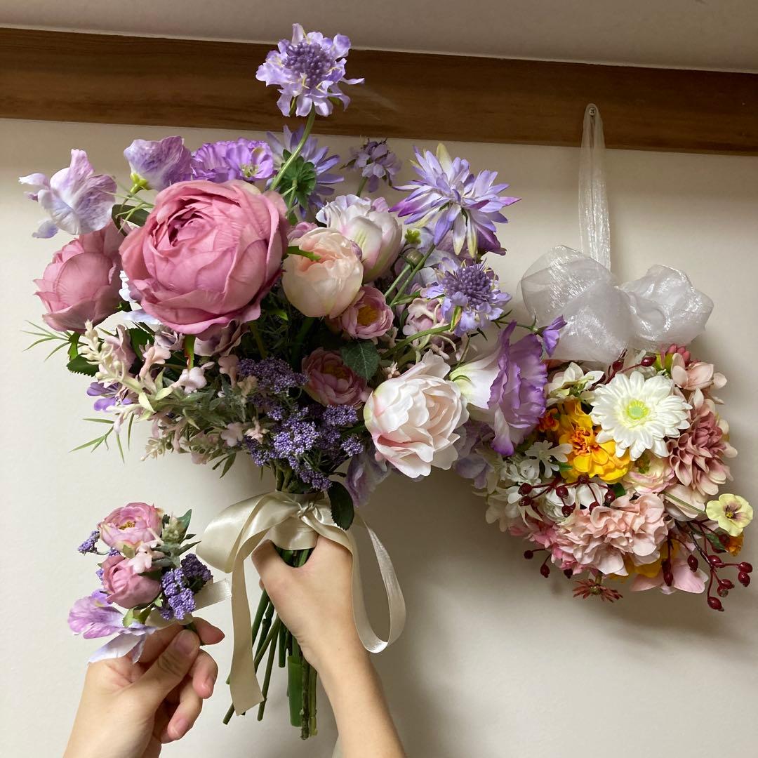 【３点】造花ブーケとハンギングアレンジメントセット 動画】造花キットで楽しむ3WAY☆桜のスワッグ・ハンギング・リースの