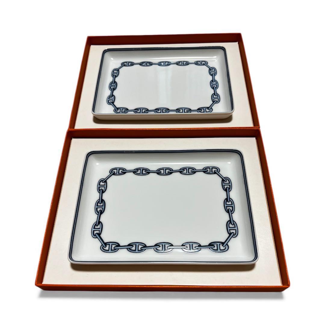 2枚【未使用】HERMES シェーヌダンクル スクエアプレート トレイ 皿 HERMES（エルメス） プレート/小皿 四角プレート シェーヌダンクル