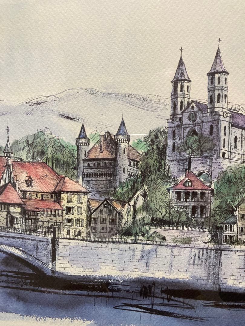 絵画 リトグラフ大 教会のある街 ジェームス・フォード 新品額装 箱付