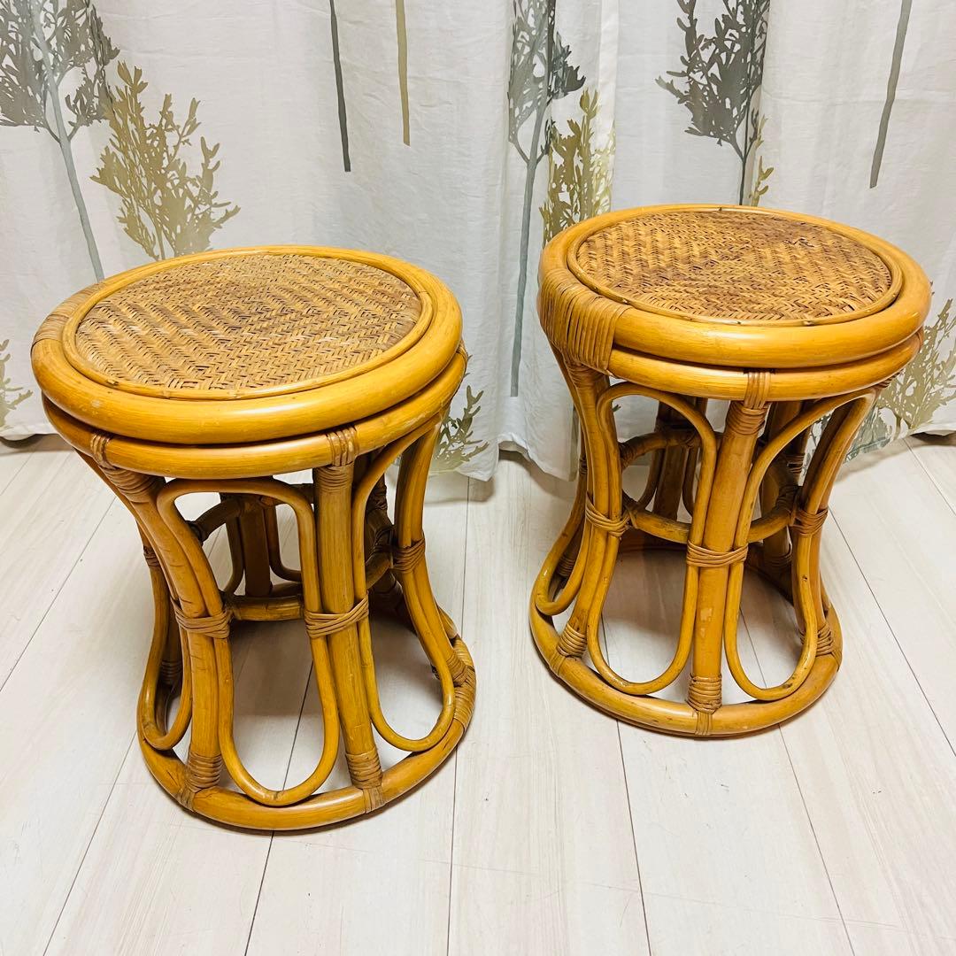 藤 ラタン スツール 2脚セット 丸椅子 昭和レトロ 椅子 ヴィンテージ
