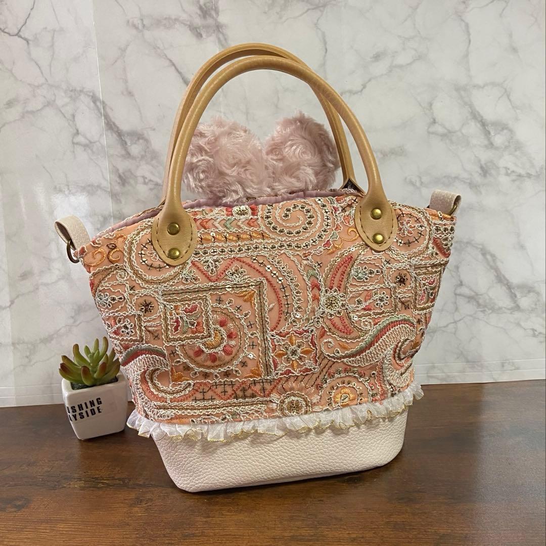 ね*】様 コヤンイサムチョン 【インド刺繍フリルバッグ】扇形 トート