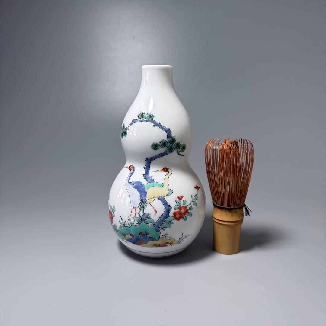 人間国宝 十四代 酒井田柿右衛門 錦松鶴文花瓶 人気の瓢箪形 本物